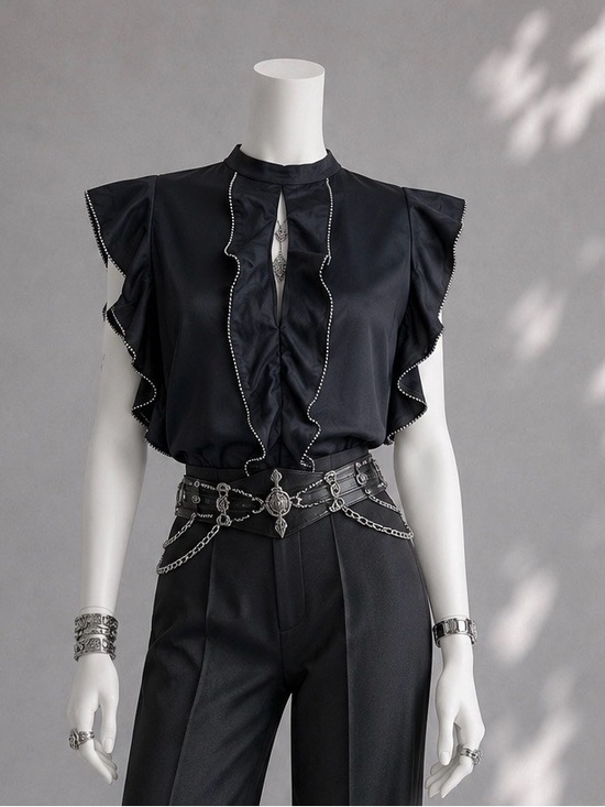 Alexis Tops - Alexis Whimsigoth Top M Mariena Black Ruffle Dark Romantic Witchy Keyhole Blouse